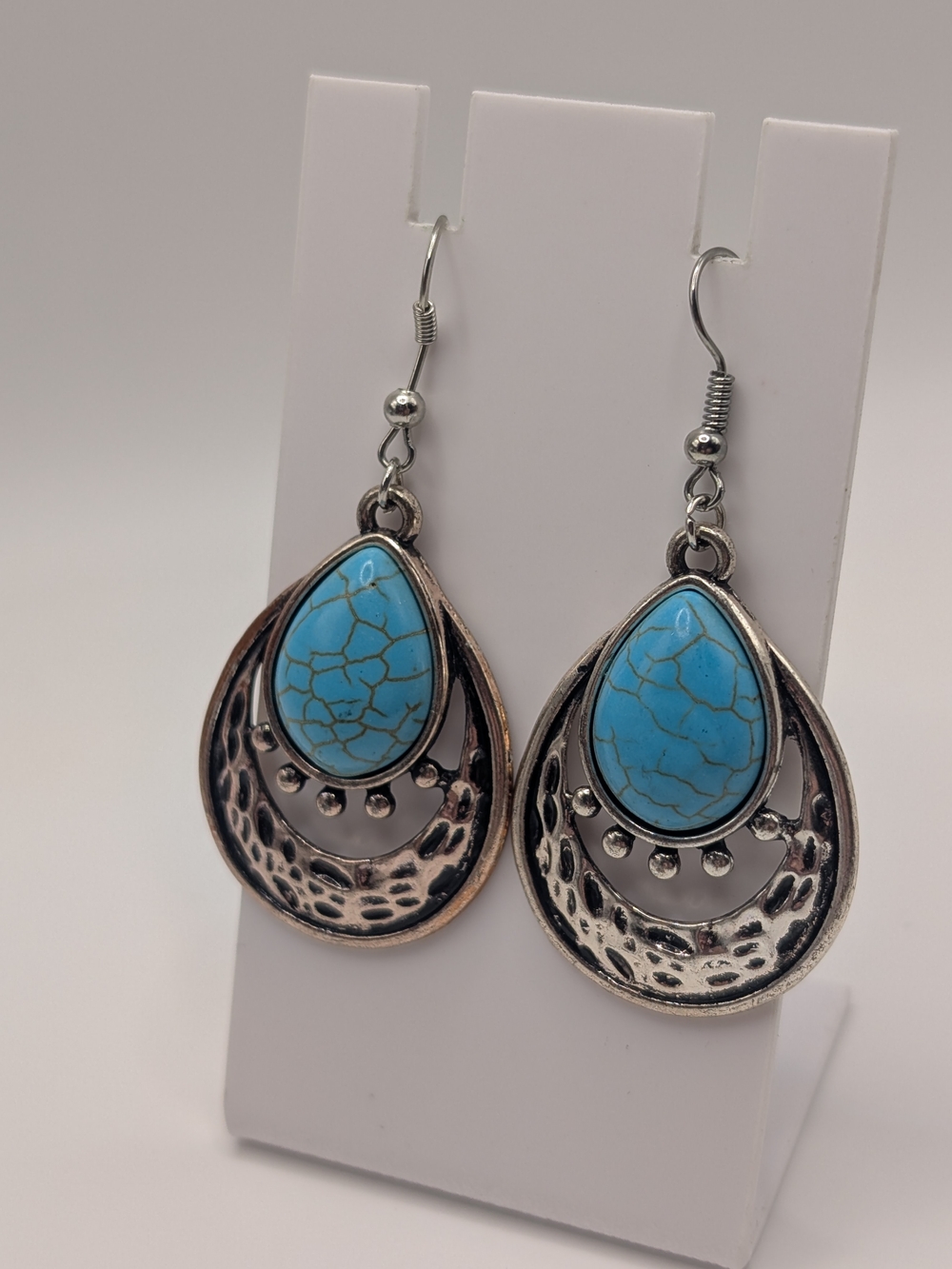 Turquoise-Style Teardrop Dangle Costume Earrings - Blue Stone Silver-Tone
